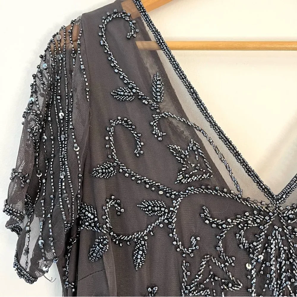 Pisarro Nights Beaded Long Short Sleeve Gown, Size 14, Charcoal Gray, NWT - Picture 6 of 11